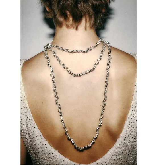 Zara Rhinestone Pearl Double Long Necklace REF. 4548/302 NEW - Picture 3 of 9